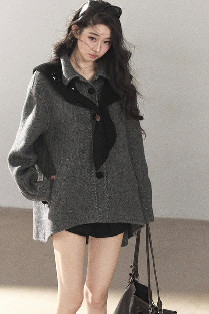 Double-Sided Herringbone Woolen Coat