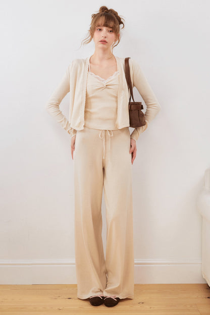 Cotton Knotted Wave Edge Knit Cardigan Set-Up