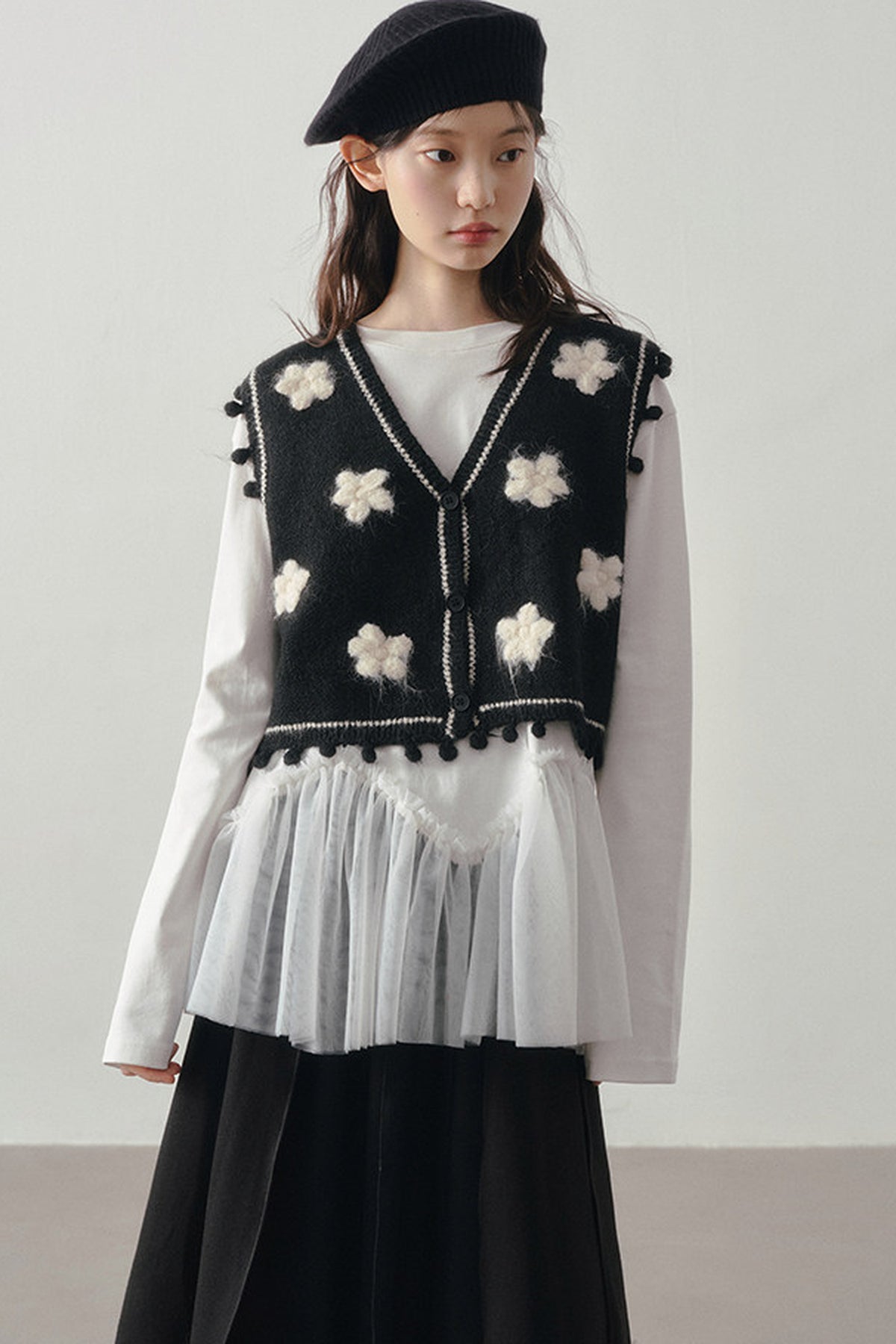 Wavy Hem Mesh Long Sleeve Top