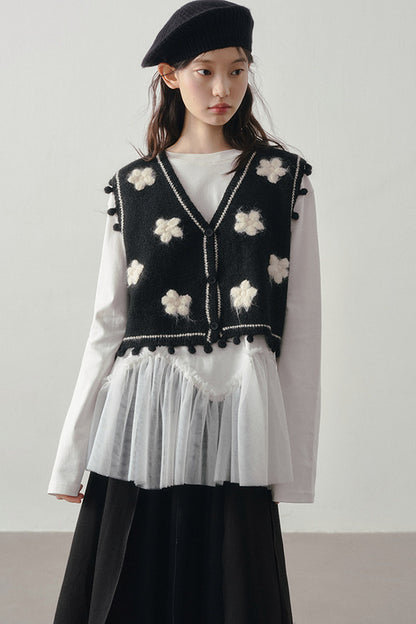 Wavy Hem Mesh Long Sleeve Top