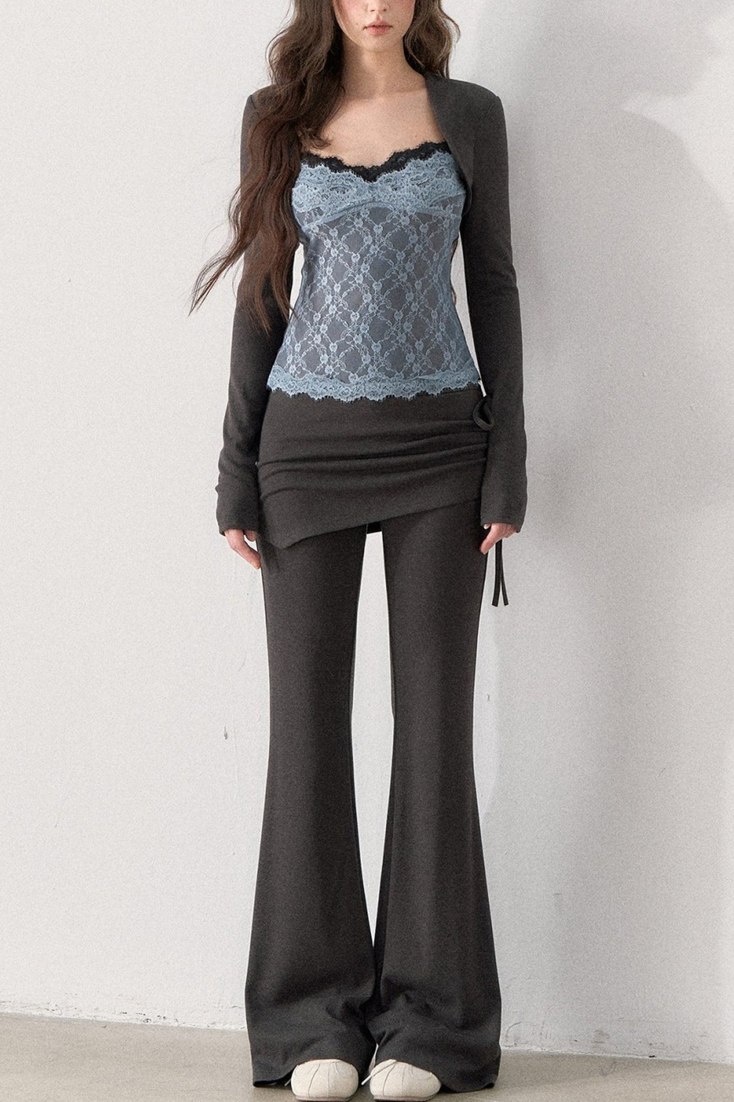 Lace Trim Knit Top and Flared Pants Set-Up
