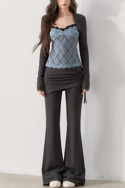 Lace Trim Knit Top and Flared Pants Set-Up