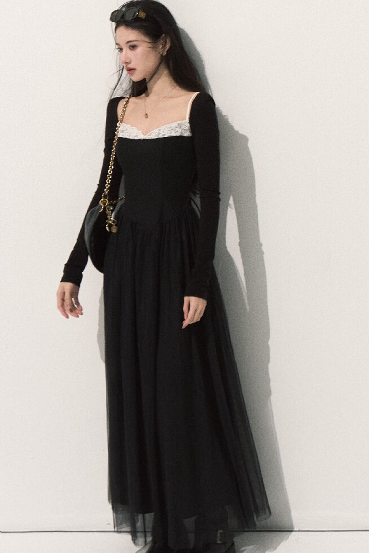 Lace-Trimmed Black Knit Dress