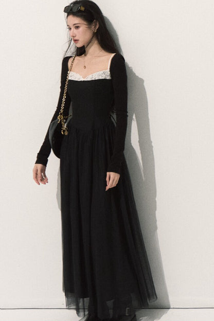 Lace-Trimmed Black Knit Dress