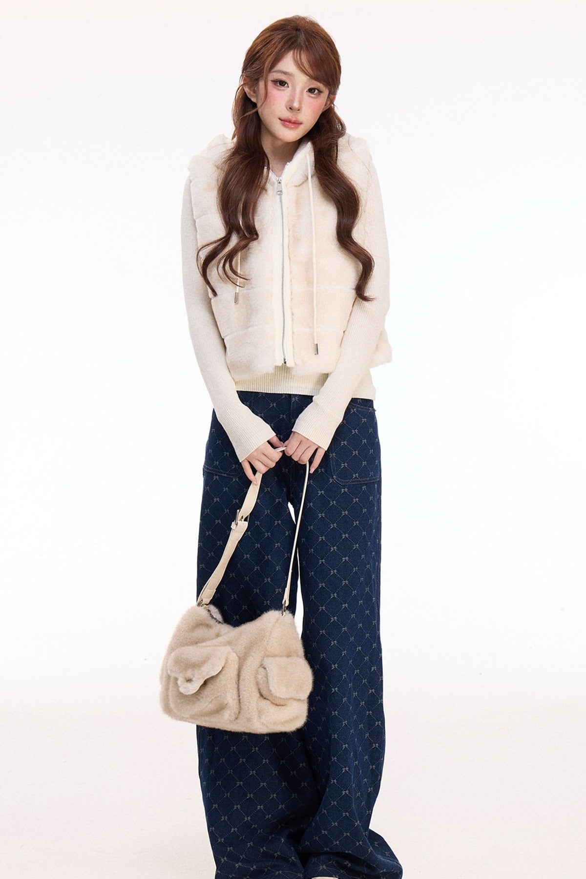 Hooded Faux Fur Vest and Wide-Leg Denim Pants Set-Up