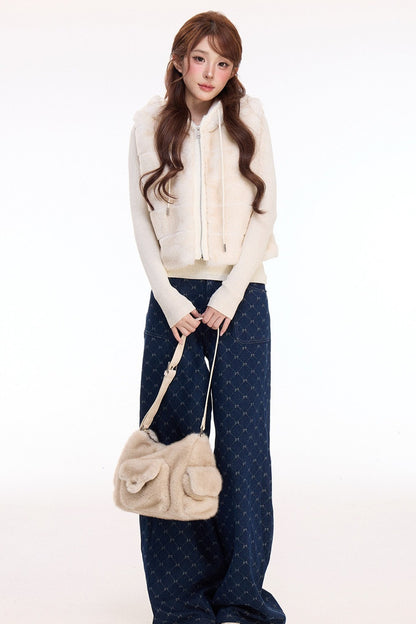 Hooded Faux Fur Vest and Wide-Leg Denim Pants Set-Up