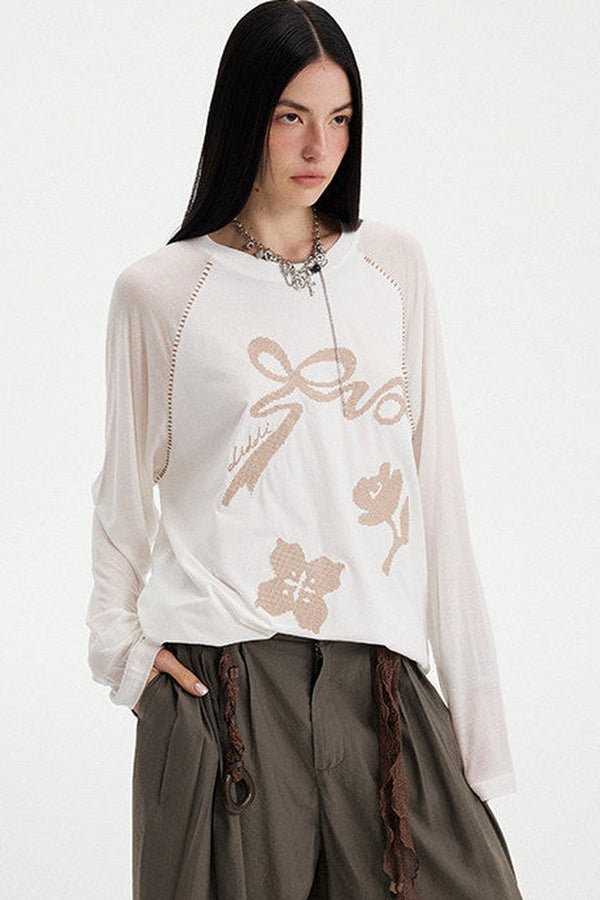 Bow Floral Spliced Long-Sleeve Top