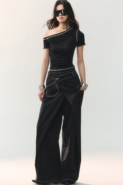 Contrast Stitching Asymmetrical Shoulder Short-Sleeve Top