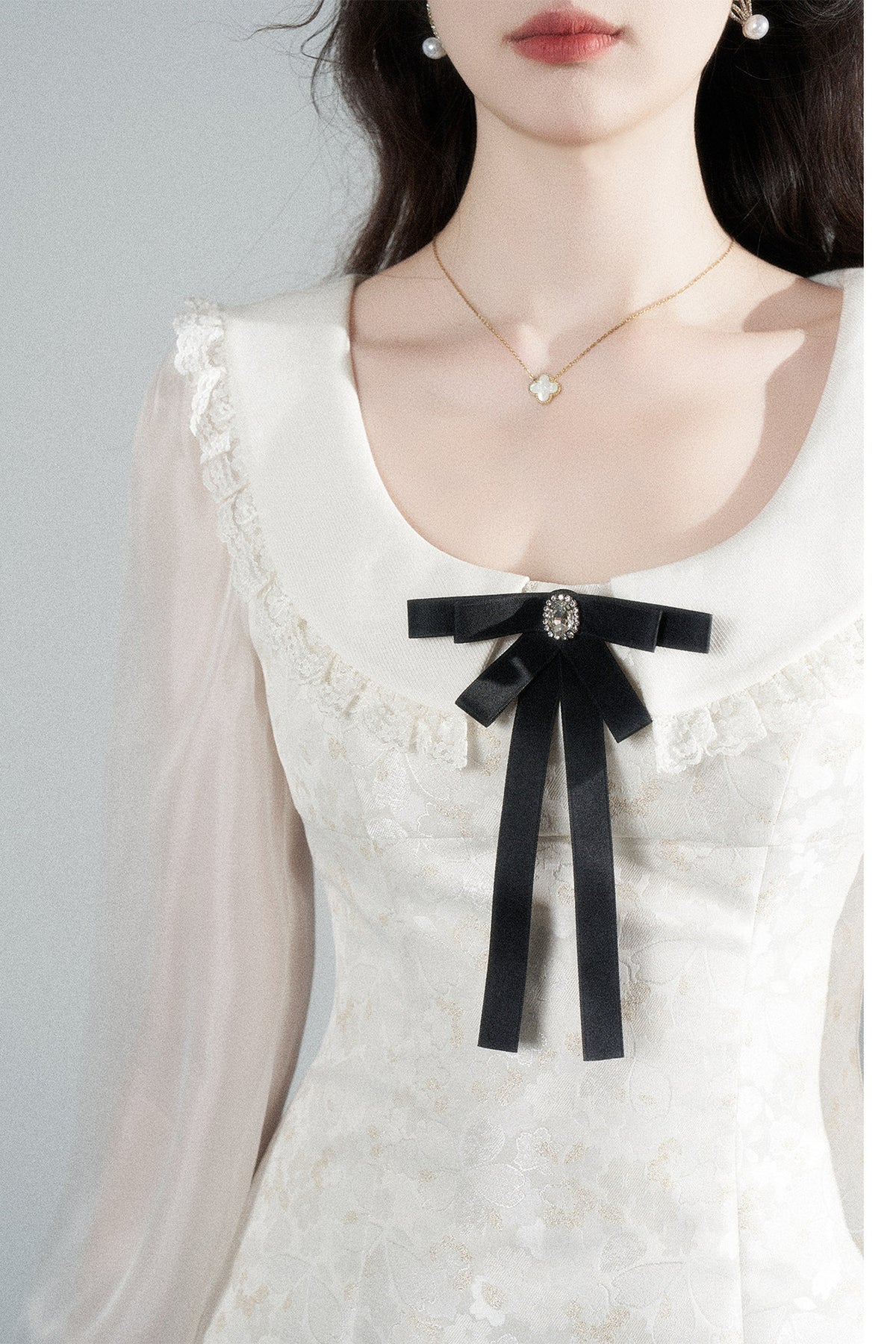 Waist-Cinching A-Line Jacquard Long-Sleeve Dress