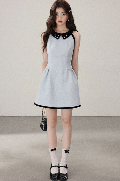 Blue Cinched Waist Halter Dress