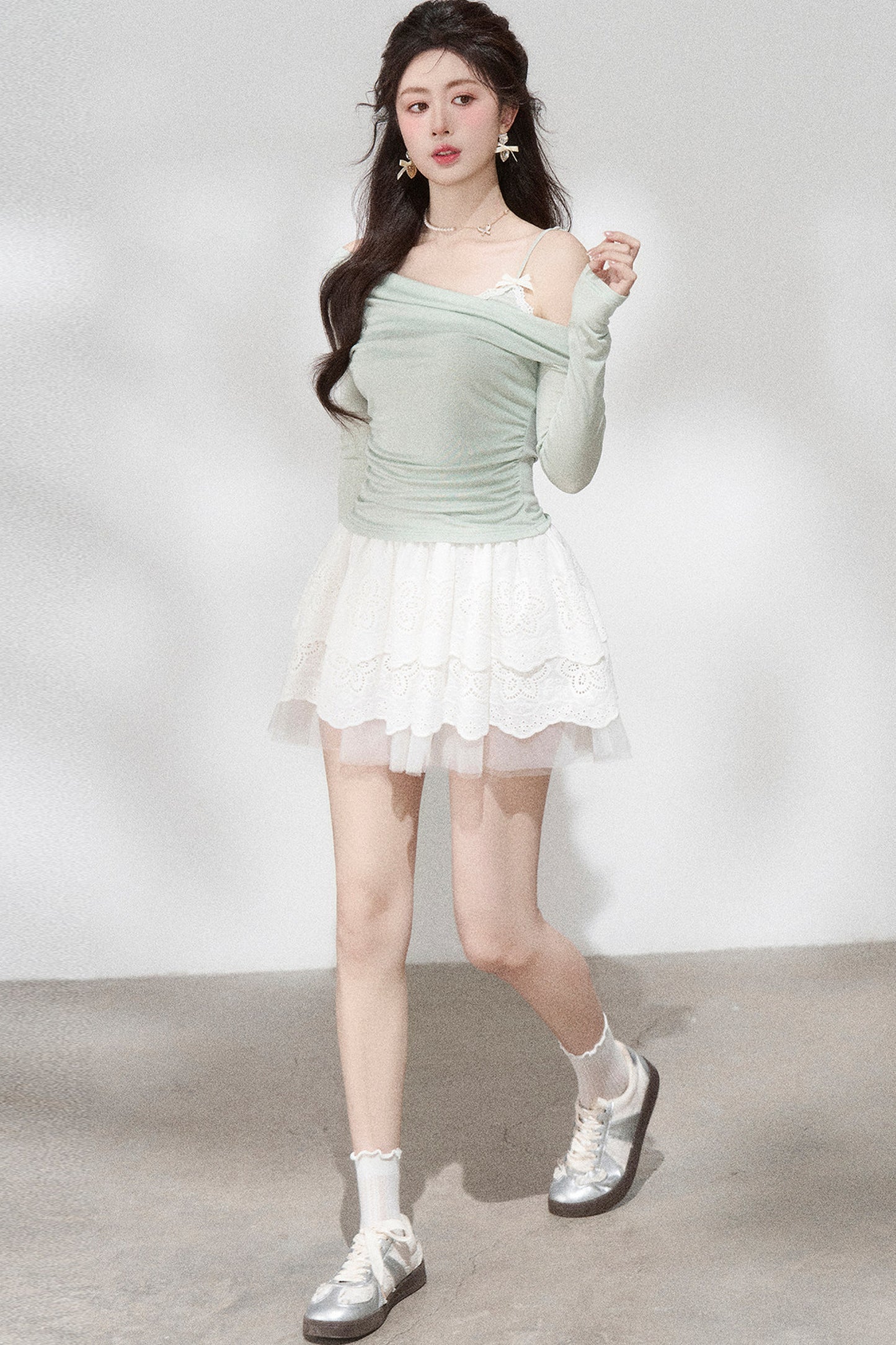 Green Off-Shoulder Pleated Knit Top and Skirt Set-Up