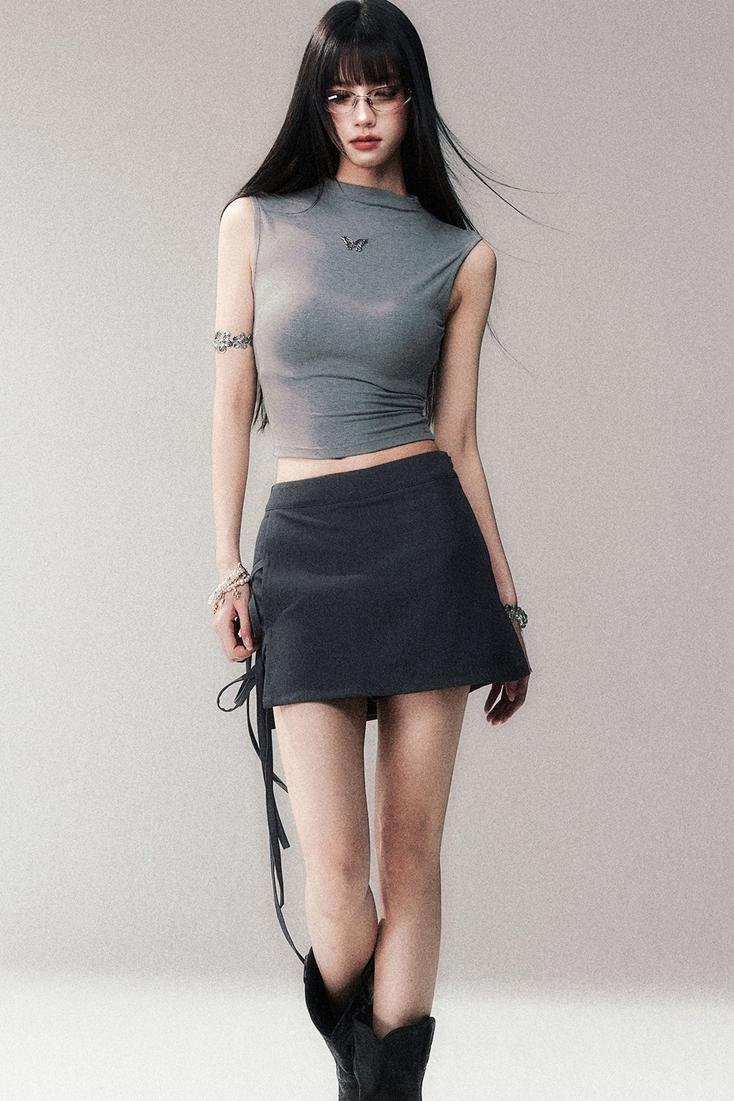 Sleeveless Mid-Neck High-Waisted Crop T-Shirt