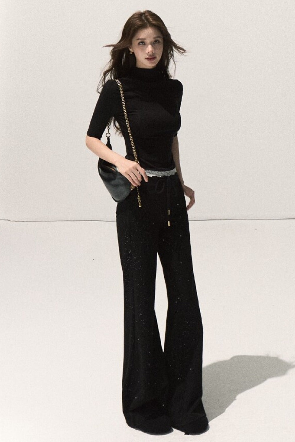 Silver-Embellished High-Waisted Wide-Leg Pants