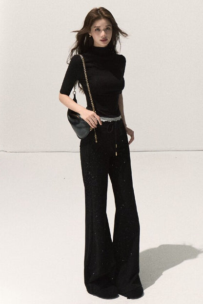 Silver-Embellished High-Waisted Wide-Leg Pants