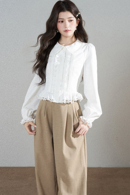 White Long-Sleeved Loose Pullover Doll Collar Shirt