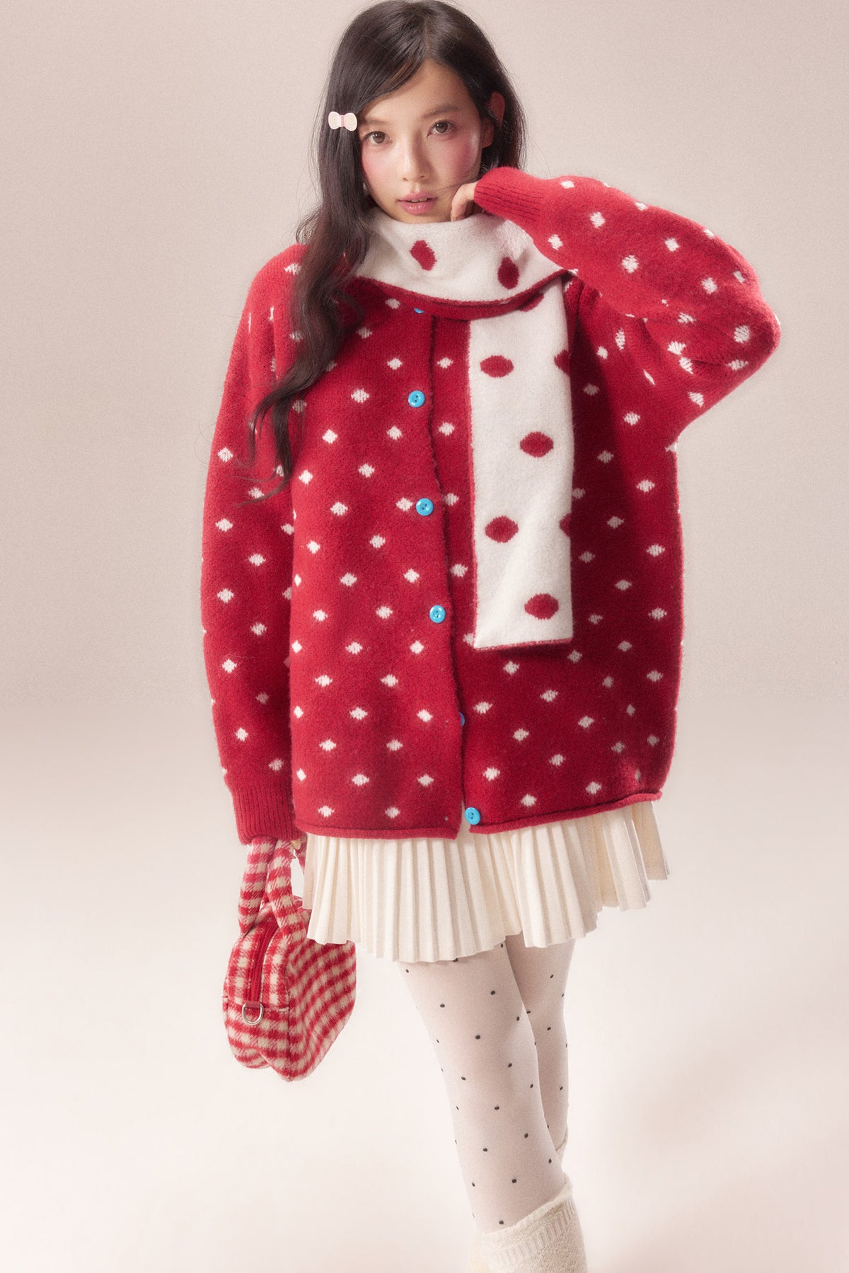 Polka Dot Scarf Knit Cardigan
