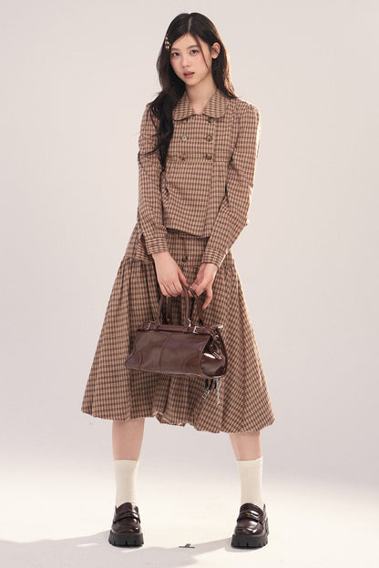 Long-Sleeved Plaid Shirt and Skirt Set-Up