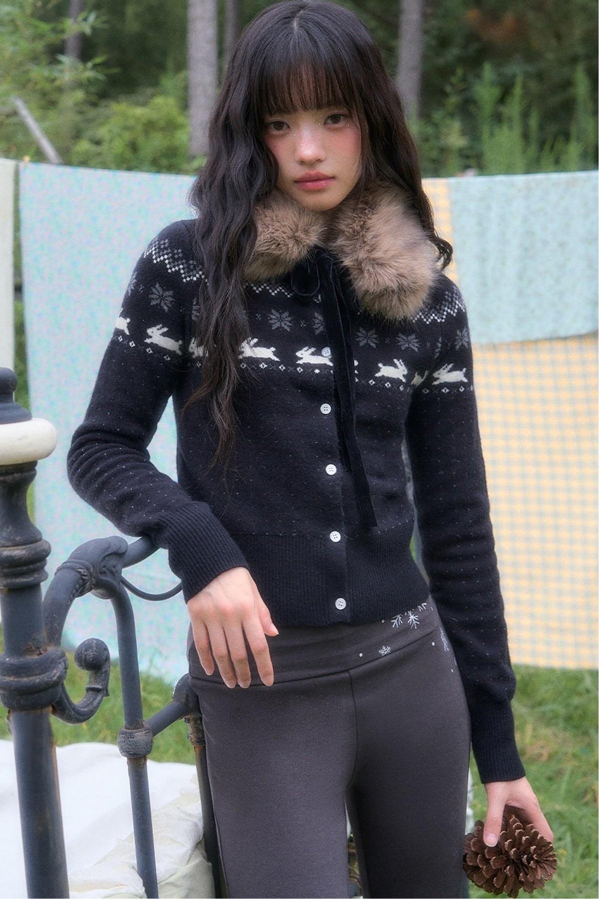 Waist-Cinching Fair Isle Rabbit Cardigan and Pants Set-Up