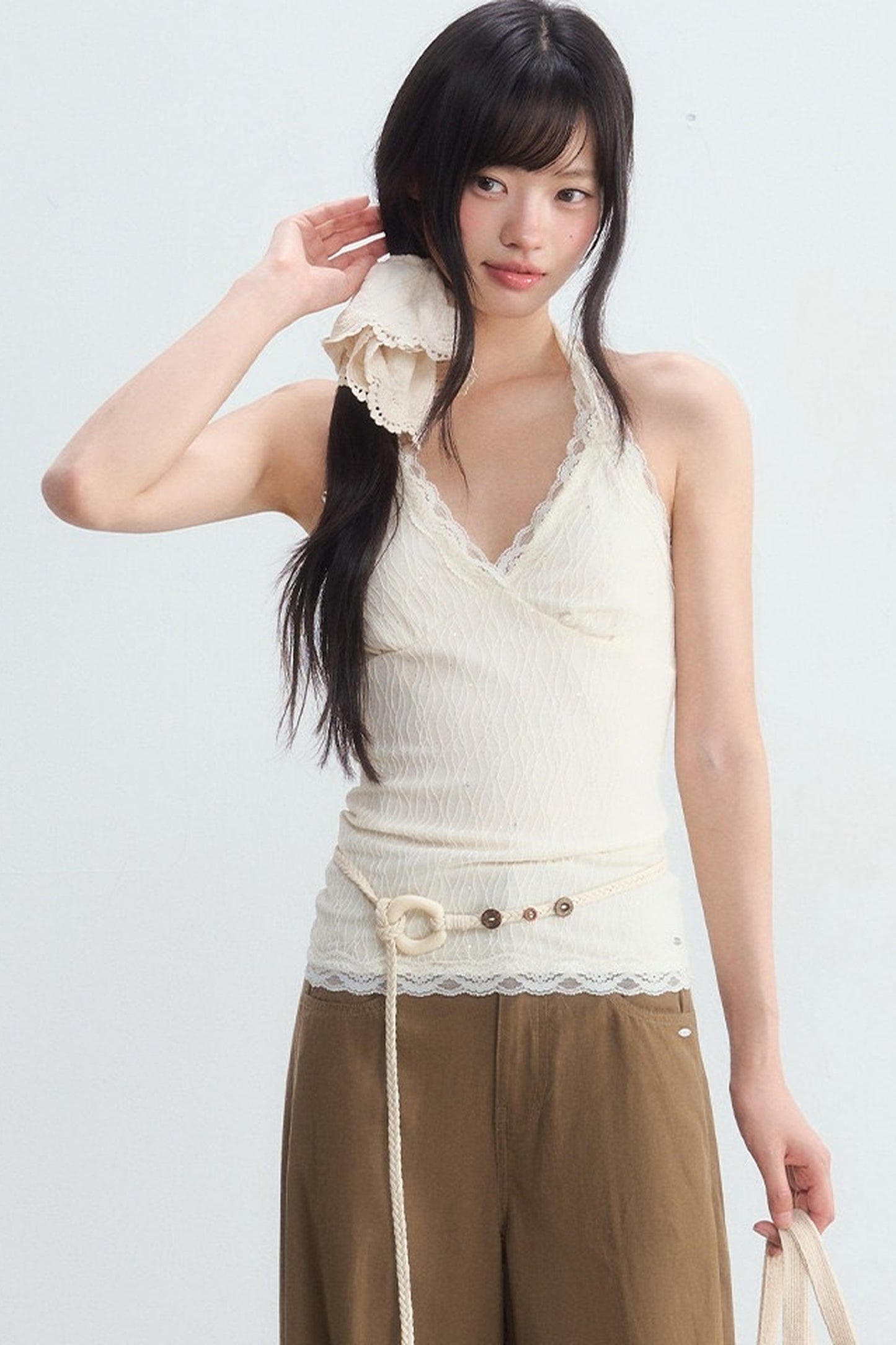 Textured Lace Halter Top And Trousers Set-Up