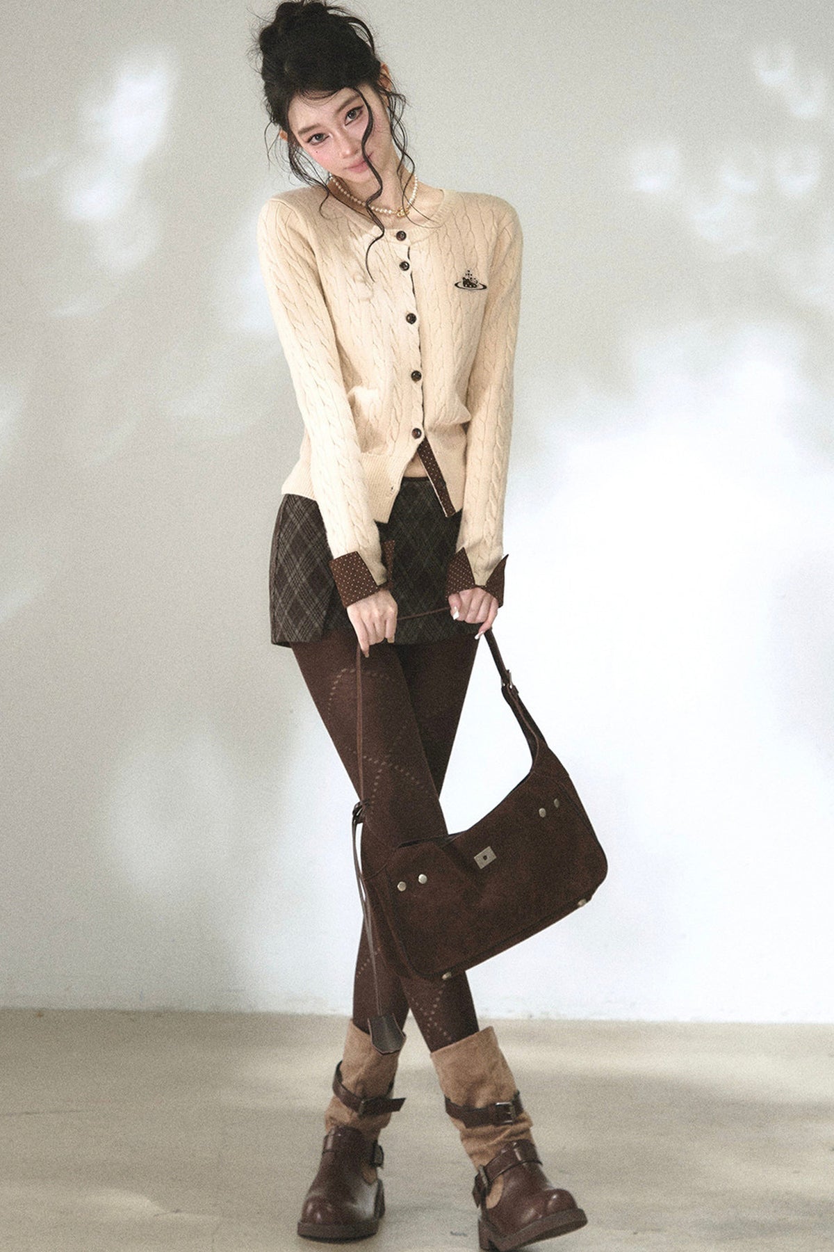 Color-Blocked Polka Dot Cable Knit Cardigan