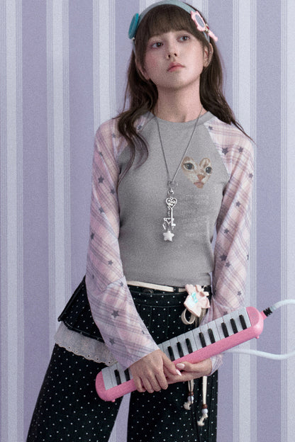 Gray Pink Cat Print Raglan T-shirt