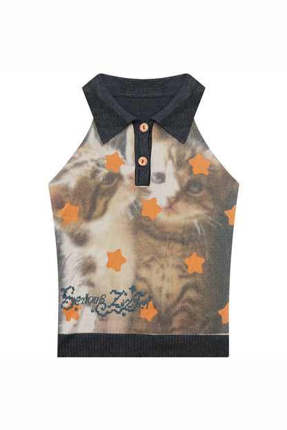 Gilet a Maglia Nero con Gatto Stella