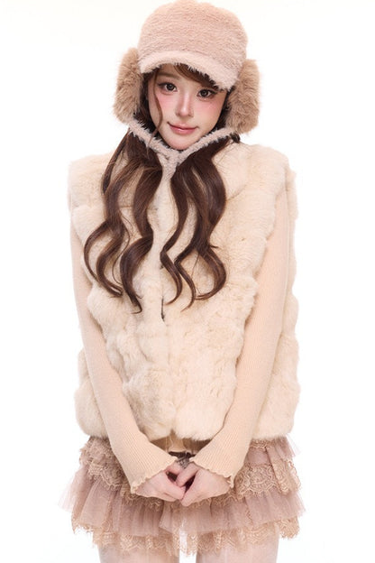 Rabbit Fur Vest and Knitted Sweater Cake Skirt Set-Up