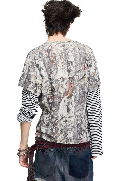 Striped Layered-Look Classical Lady Print T-shirt