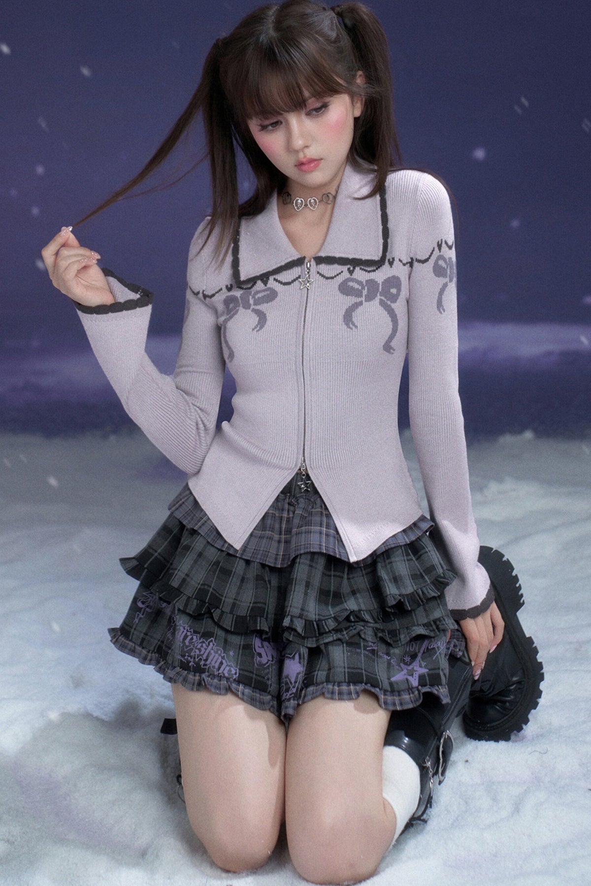 Milk Purple Bow Jacquard Turn-Down Collar Cardigan Top