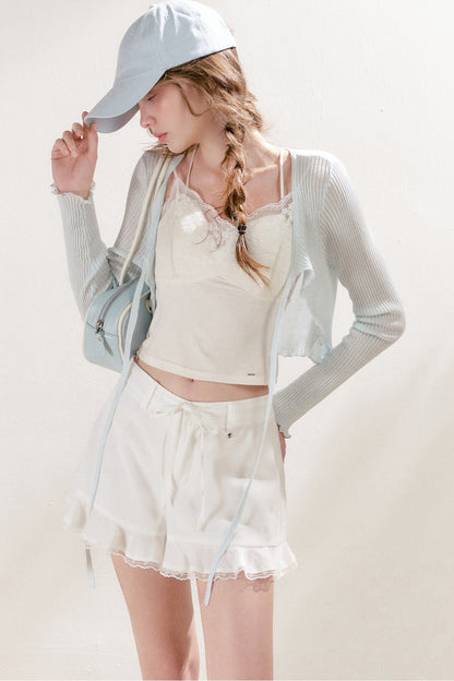 Tencel Linen Lace Spliced Ruffle Drawstring High-Waisted A-Line Shorts