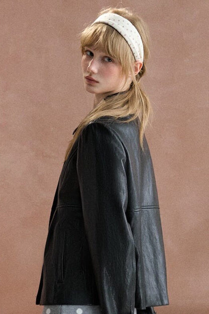 Collar Pleated Leather Jacket