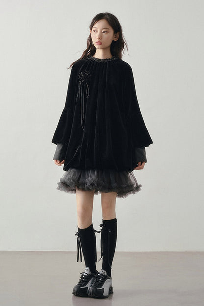 Patchwork Long Sleeve Velvet Tops