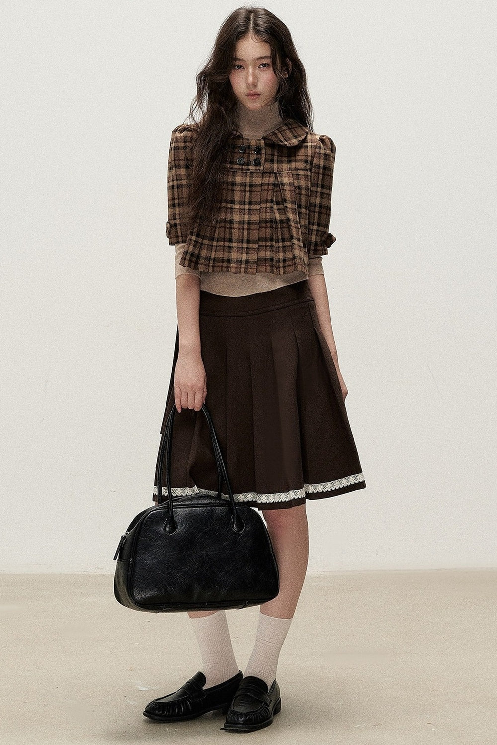 Vintage Woolen Pleated Mid-Sleeve Top