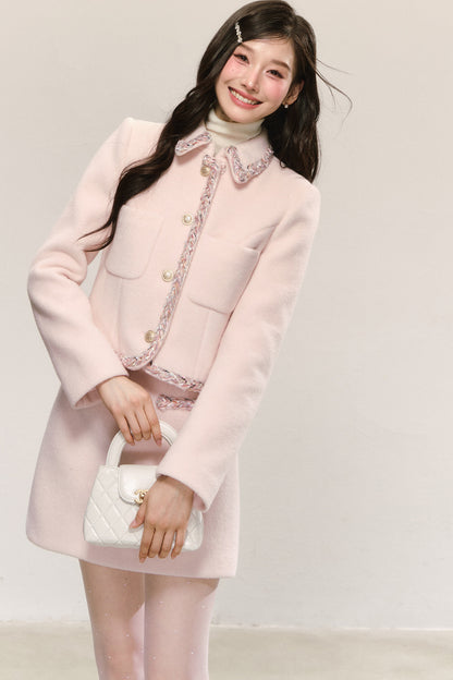 Miu Series Pink Woolen Coat Skirt Set-Up