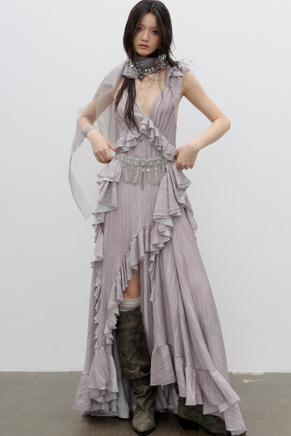 Dirty Pink Irregular Ruffle Strap Dress