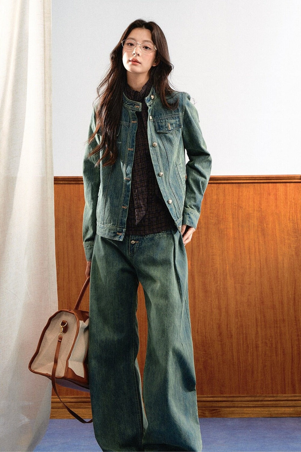 Retro Washed Denim Top and Wide-Leg Pants Set-Up