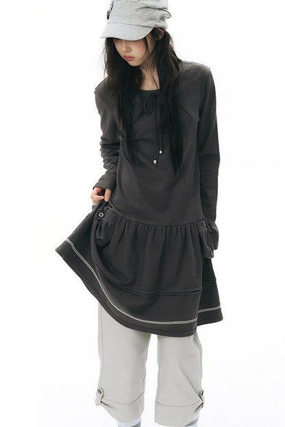 Long-Sleeved Knit Round Neck Tie Dress