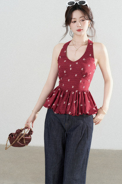 Red Halter Peplum Top