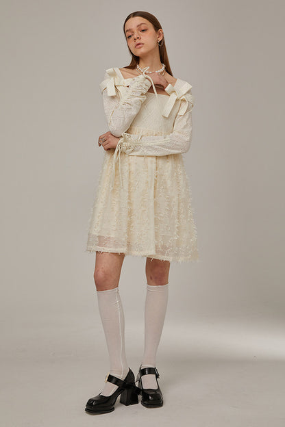 Beige Plaid Lace Bow Dress