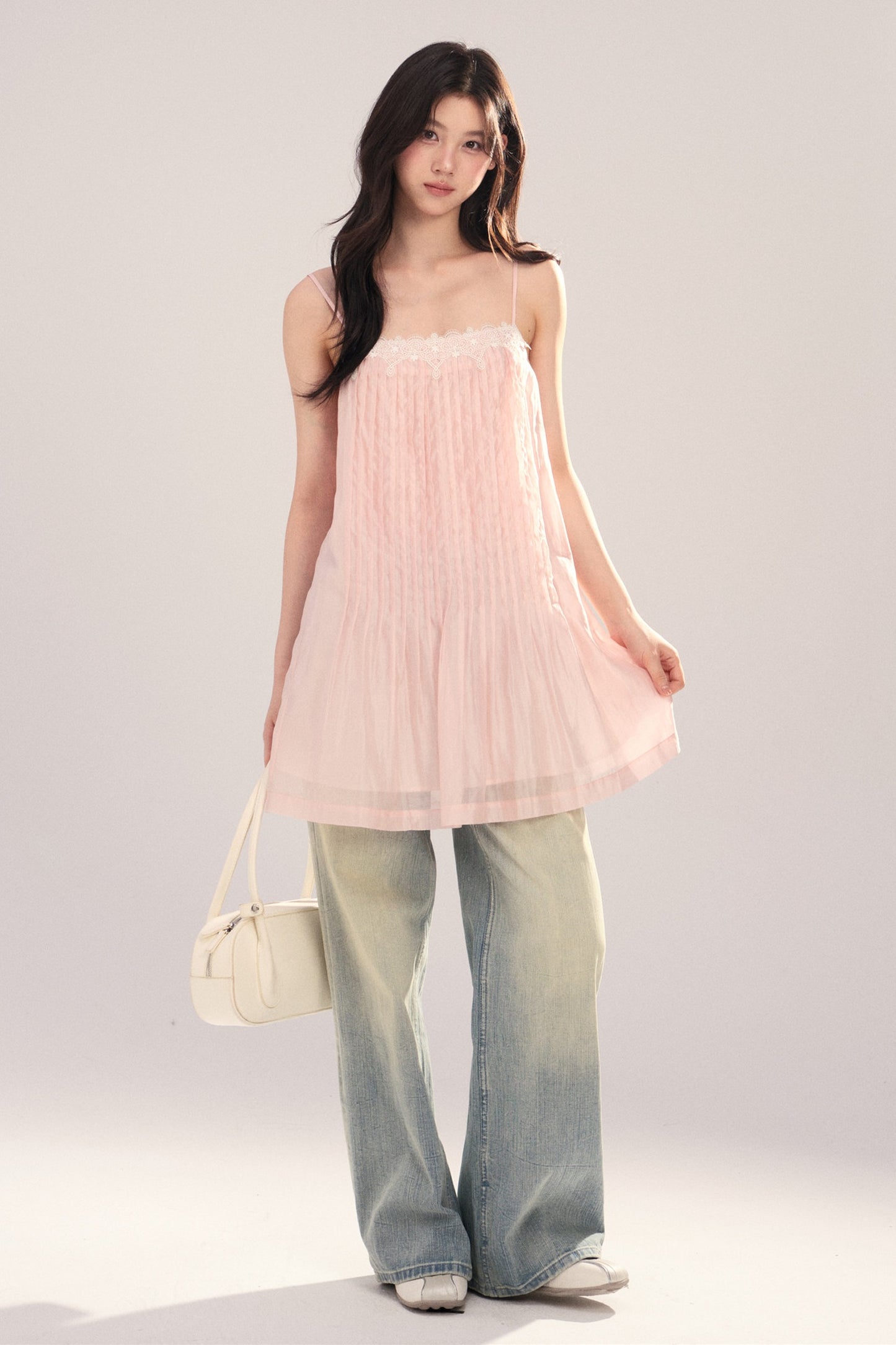 Suspender Dress with Lantern Sleeve Shawl Cardigan Set-Up