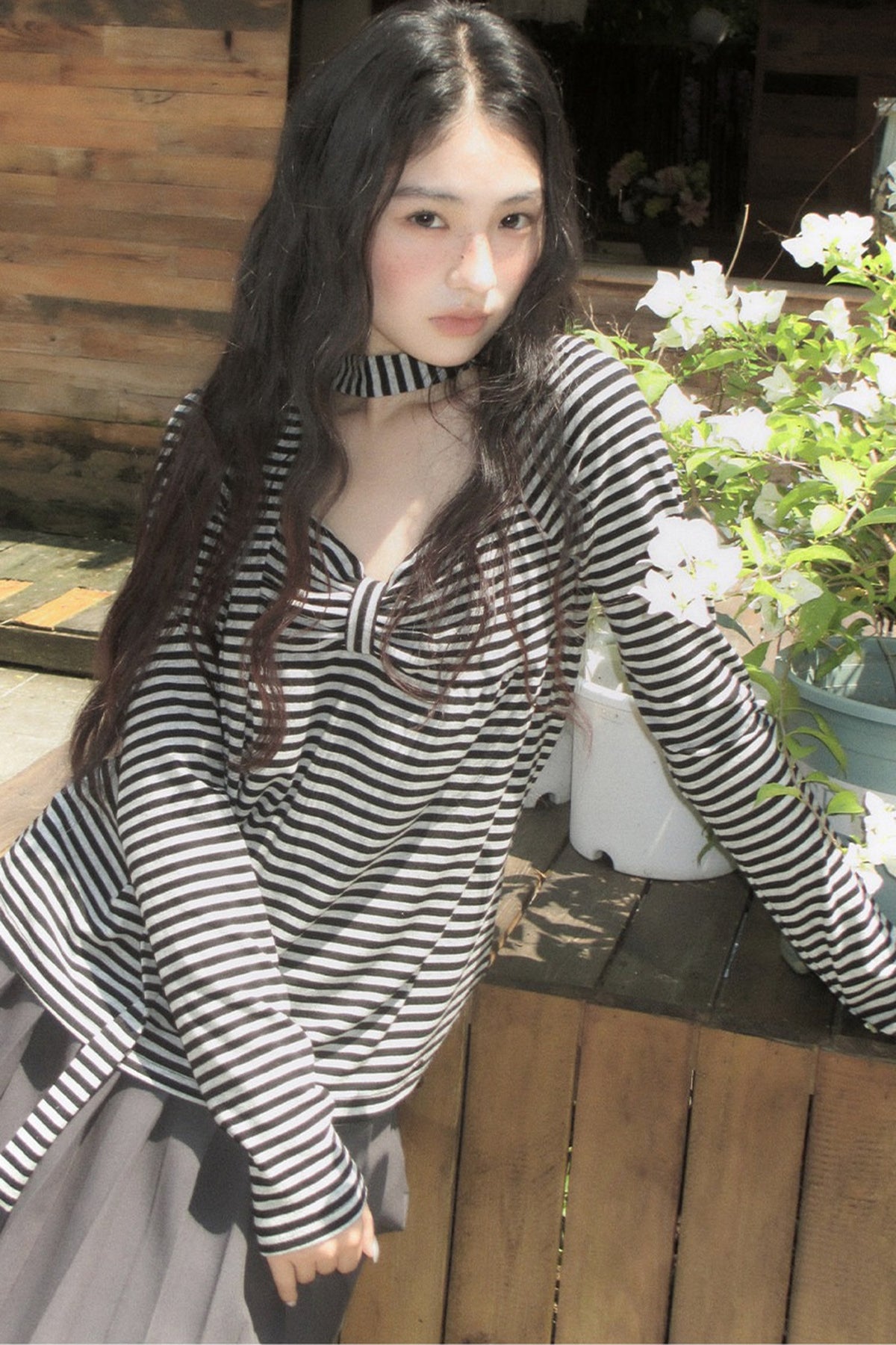 Striped Long-Sleeved Ribbon Bow T-shirt