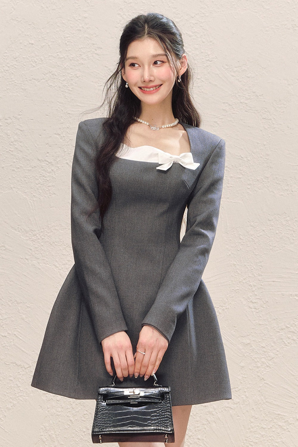 Gray Long Sleeve Square Neck Bow Bubble Dress
