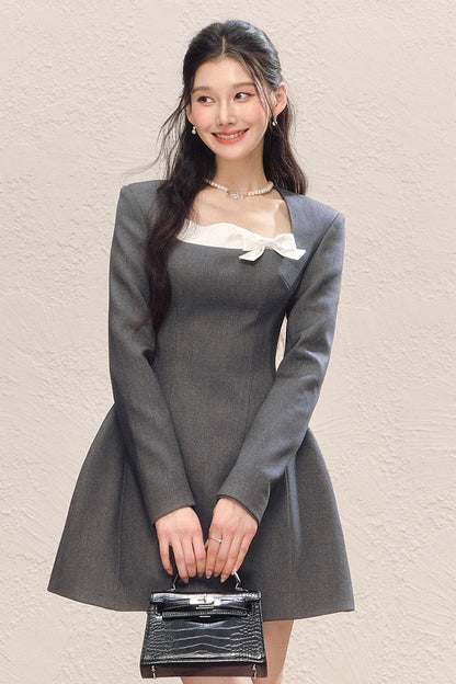 Gray Long Sleeve Square Neck Bow Bubble Dress