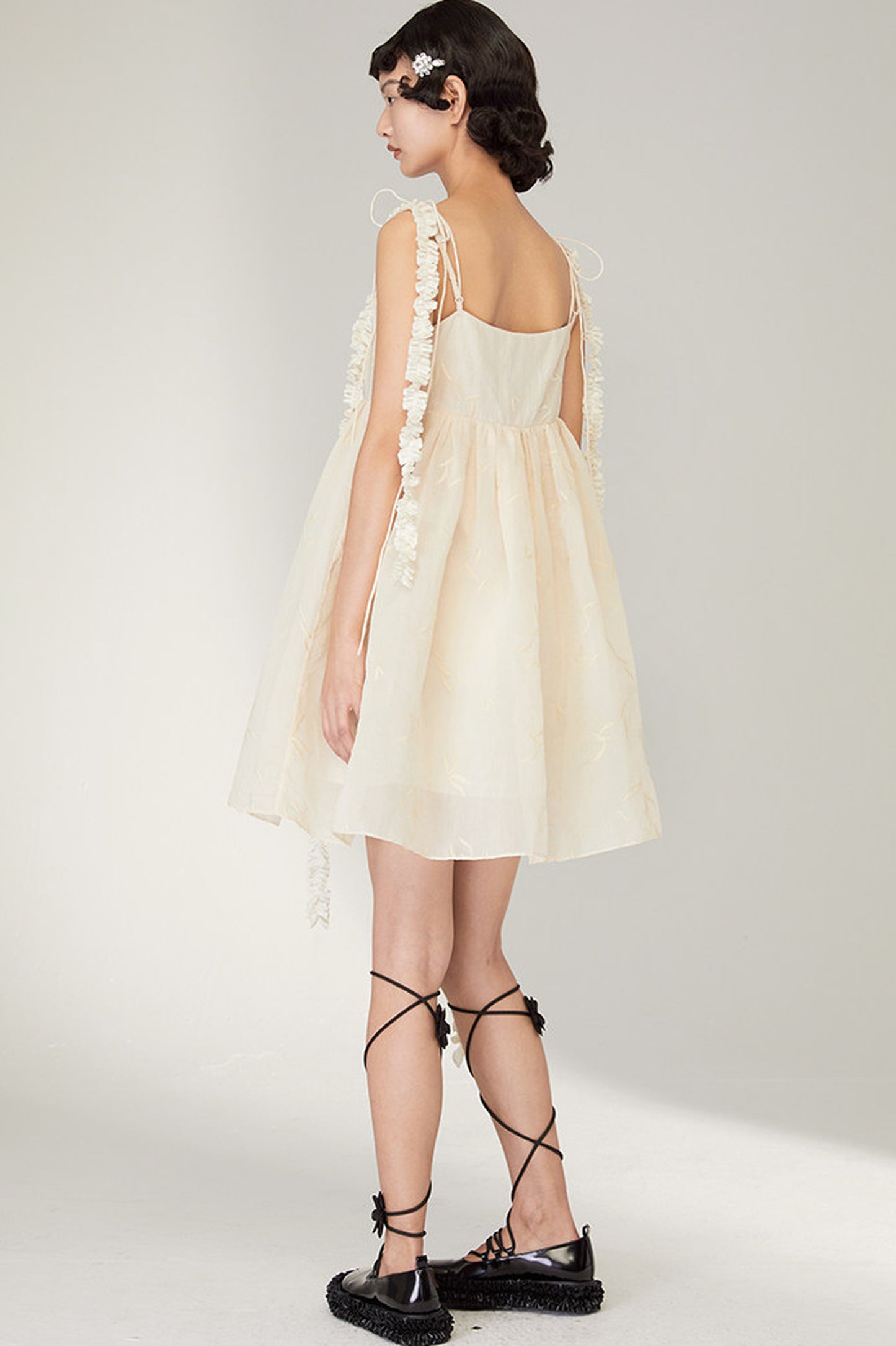 Floral Jacquard Ruffle Strap Dress
