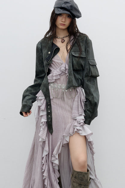 Color-Washed PU Biker Jacket