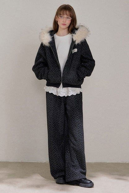 Floral Fur Collar Padded Jacket and Pants