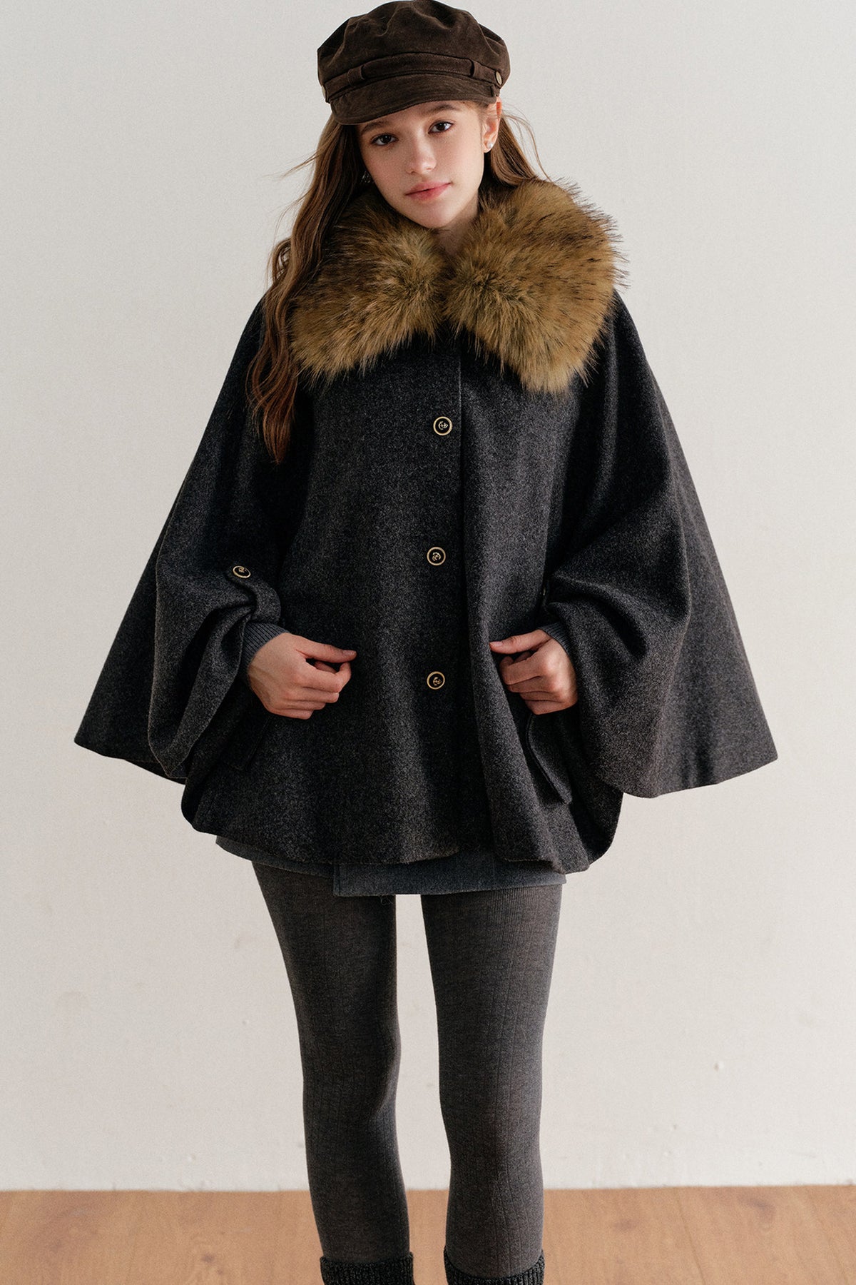 Detachable Large Fur Collar Woolen Cape