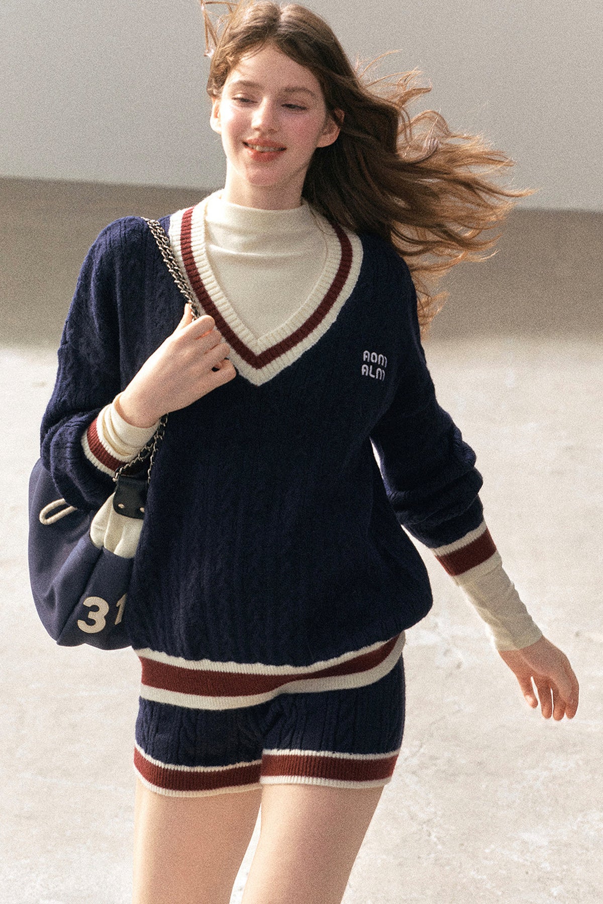 College Style Knit Sweater and Knit Shorts Set-Up