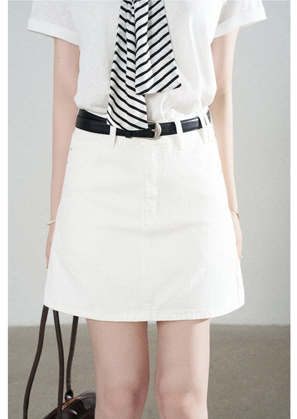 Loose Short-Sleeved Striped Shawl T-Shirt and Denim Skirt Set-Up