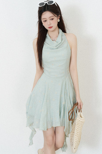 Halter Neck Sleeveless Irregular Hem Ruffle Dress